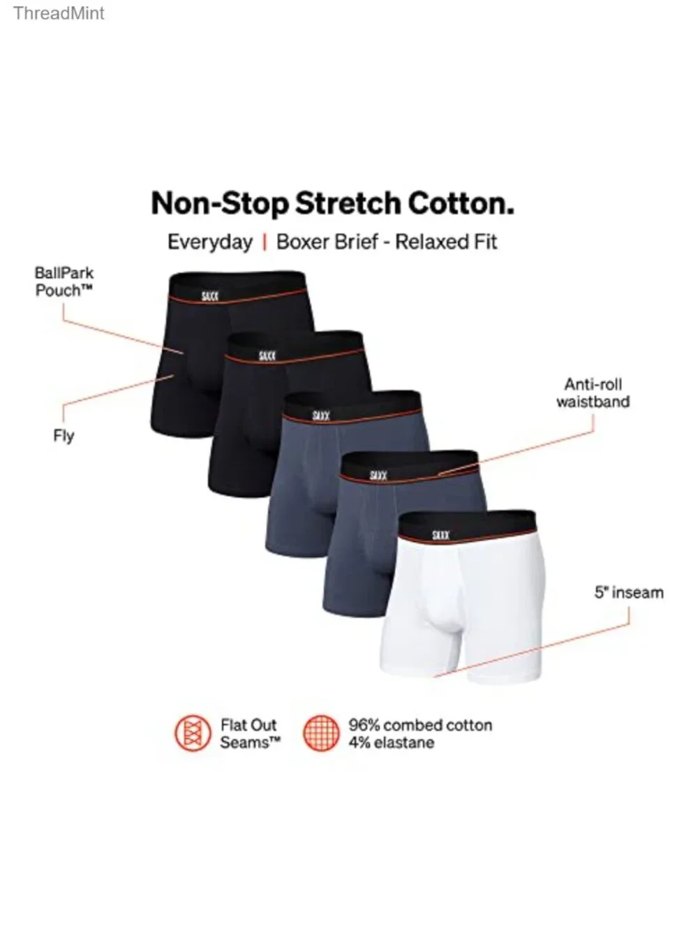 SAXX Men's Non-Stop Stretch Cotton Boxer Brief Fly 5-Pack Large Relaxed